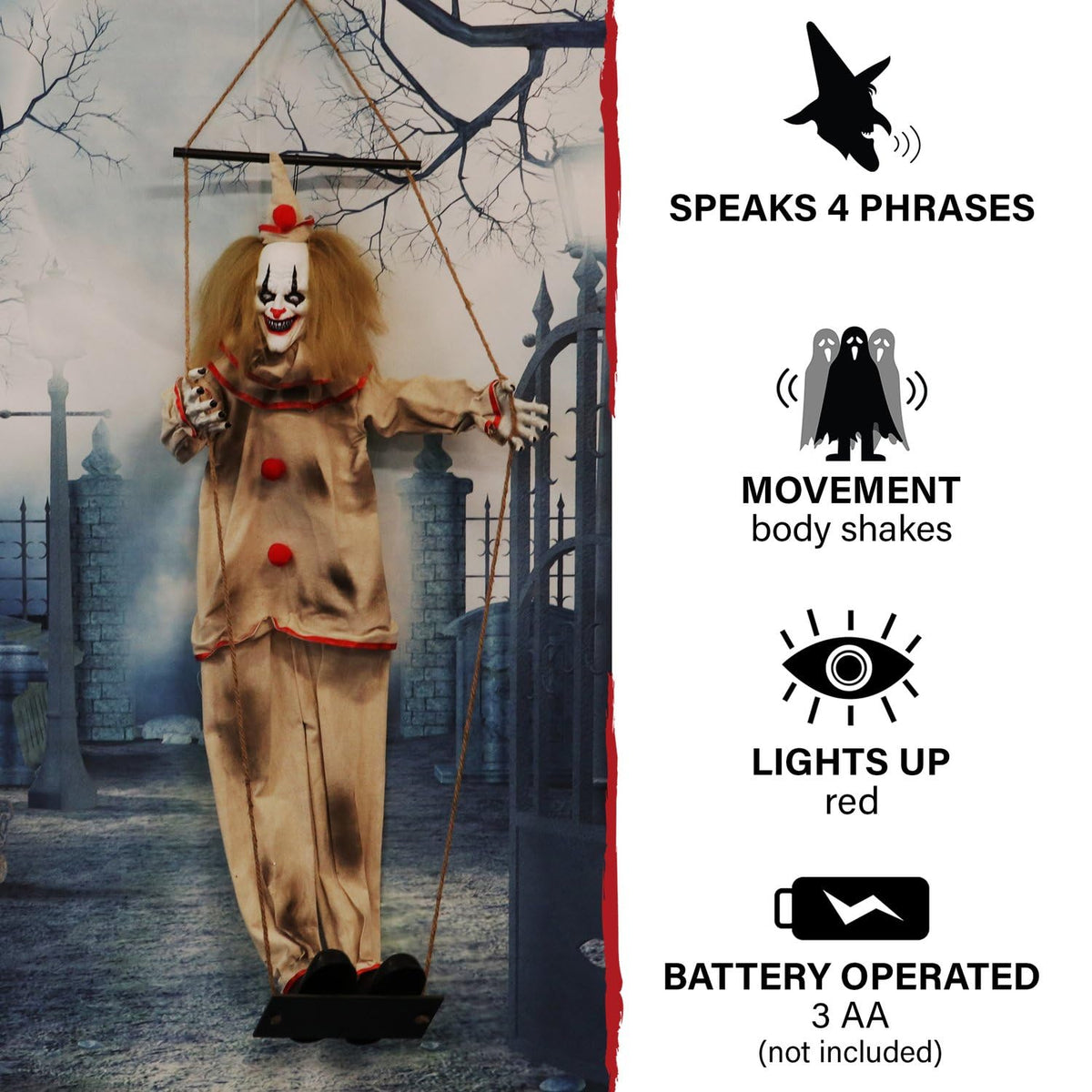 Haunted Hill Farm 55-in. Smalls The Animated Swinging Clown, Indoor or Covered Outdoor Halloween Decoration, Battery Operated, Festive Holiday Decor