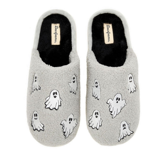 Dearfoams Unisex-Adult Spooky Fuzzy Halloween Pumpkin Jack O Lantern Slipper, Grey Ghost, 9-10 Women/7-8 Men