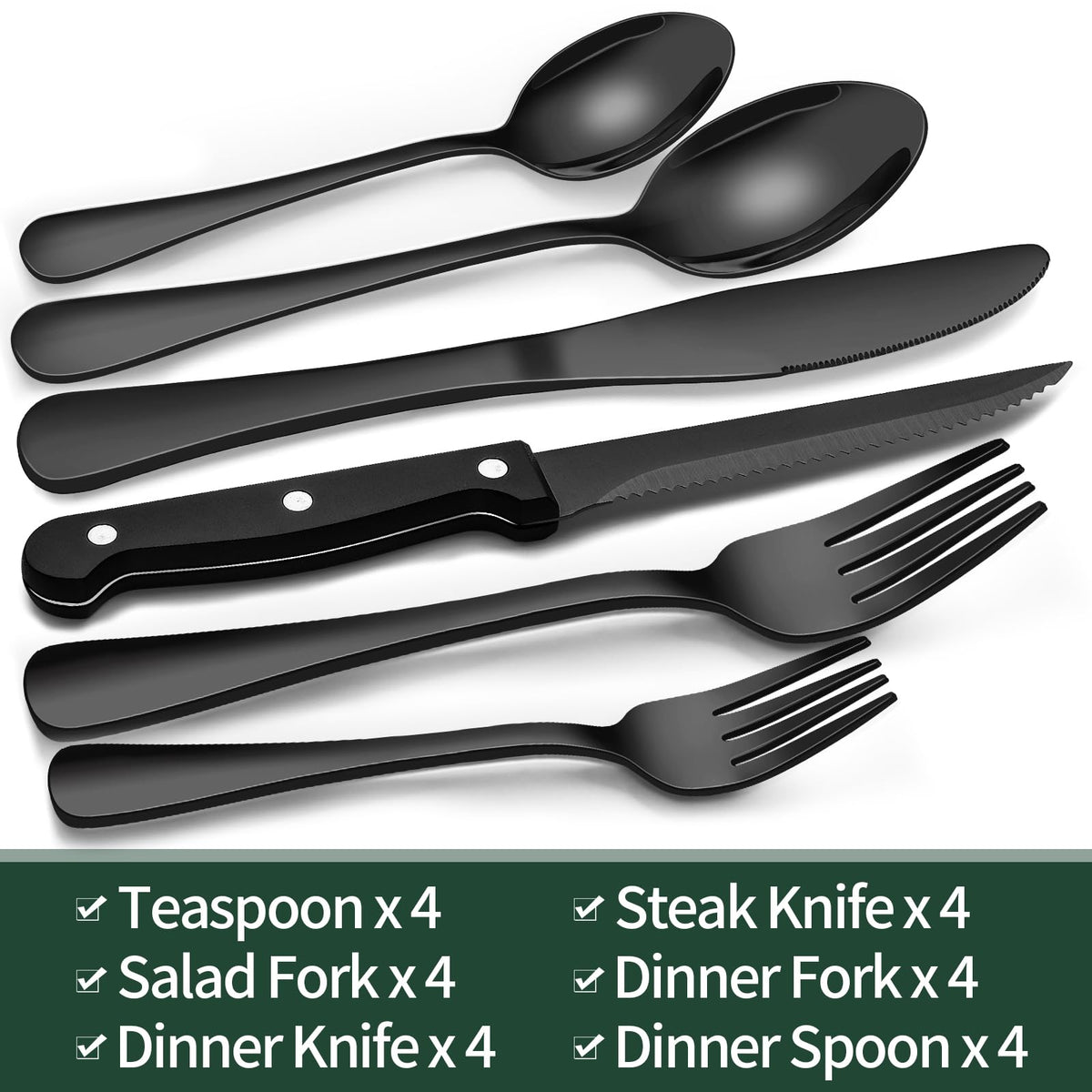 24-Piece Black Silverware Set with Steak Knives, Black Flatware Set for 4, Food-Grade Stainless Steel Tableware Cutlery Set, Mirror Finished Utensil Sets for Home Restaurant 🍁 All In One Marketplace Canada