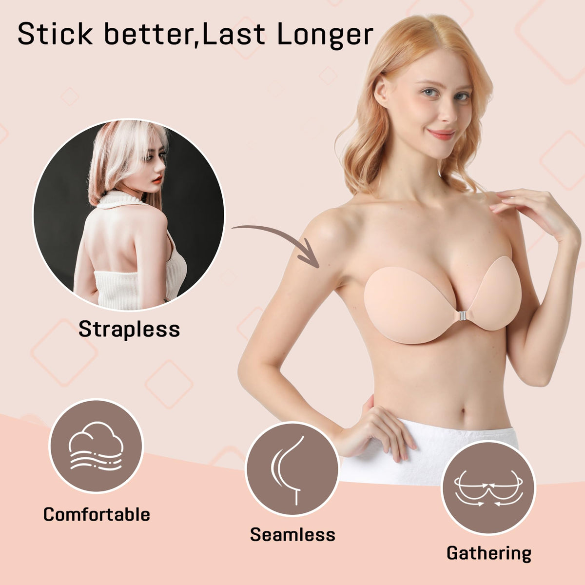 GKHWON Adhesive Bra Strapless Backless Invisible Push Up Sticky Bra with Silicone Nipple Covers Reusable Beige B 🍁 All In One Marketplace Canada