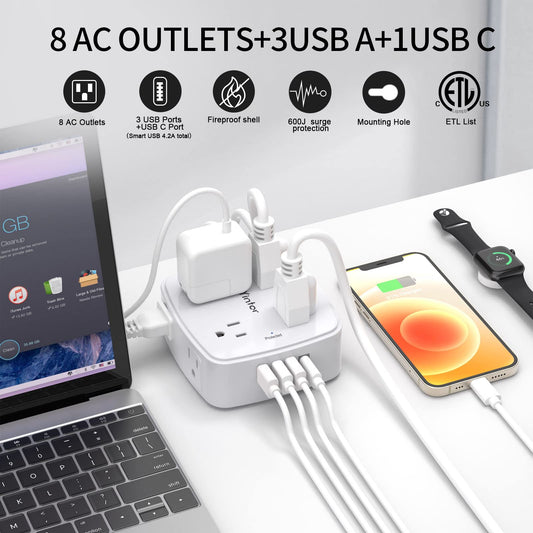 USB Power Bar Extension Cord - Yintar 6Ft Surge Protector Power Strip with 8 Outlets and 4 USB Ports(3U1C), 3 Side Outlet Extender for Home, Office, Dorm Essentials, ETL Listed, White 🍁 All In One Marketplace Canada