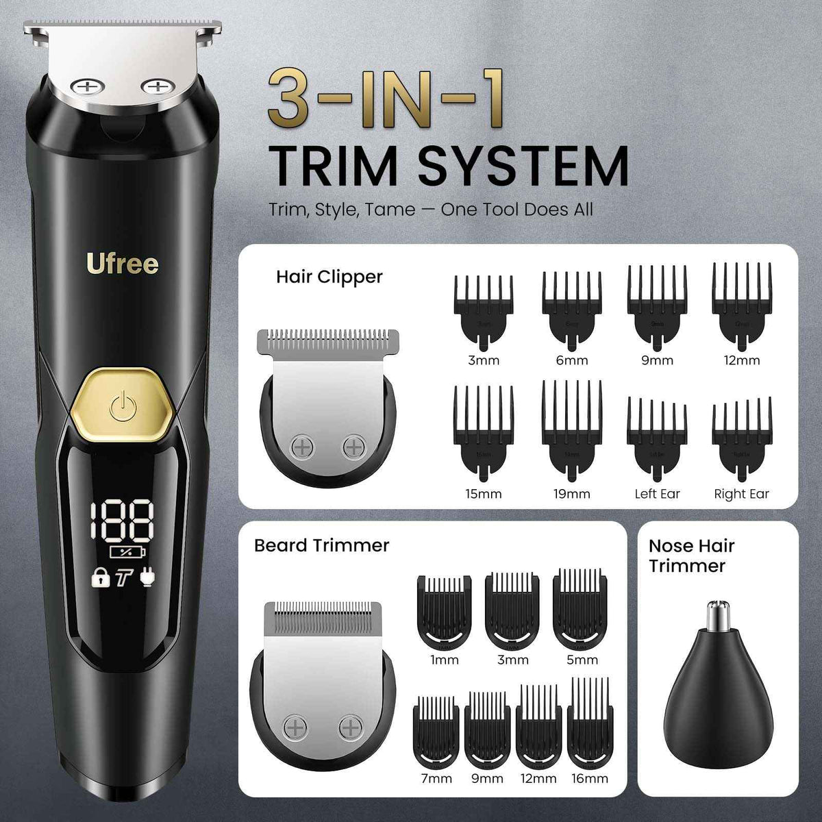 Ufree 3-in-1 Beard Trimmer for Men, Waterproof Electric Razor Shaver for Facial Hair, Rechargeable Hair Trimmer Clippers Grooming Kit, Gifts for Husband Father 🍁 All In One Marketplace Canada