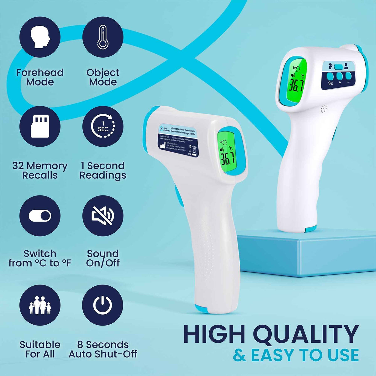 ByFloProducts Forehead Thermometer, Non Touch Digital Thermometer for Adult and Baby, Digital Infrared Thermometer, Fast and Accurate Reading with Fever Alarm, Blue 🍁 All In One Marketplace Canada