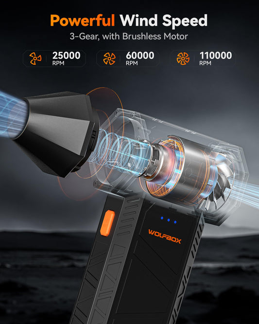 WOLFBOX MegaFlow 50 Compressed Air Duster-110000RPM Super Power Cordless Air Duster, 3-Gear Adjustable Mini Blower with Rechargeable Battery, Dust Blower for Computer, Keyboard, House, Outdoor and Car 🍁 All In One Marketplace Canada