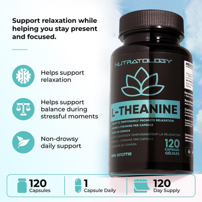 Nutratology® L-Theanine 250MG Capsules | Canadian-Made | For Stress Management | Promotes Relaxation & Calmness Without Drowsiness - L-Theanine Supplement for Stress Relief | 120 Capsules 🍁 All In One Marketplace Canada