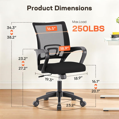 BestOffice | Ergonomic Office Chair | Mid-Back Swivel Desk Chair | Breathable Backrest & Lumbar Support | Adjustable Height | Sponge Seat | Rolling Wheels | Dark Black | for Adults & Women 🍁 All In One Marketplace Canada