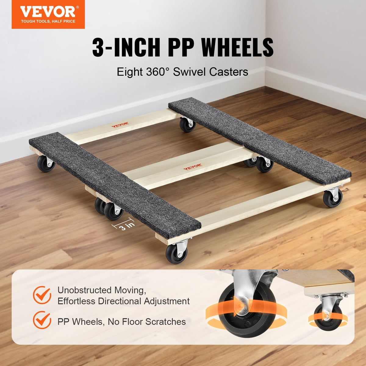VEVOR Furniture Dolly, 1000 lbs Each Load Capacity, 2 Packs, 18" x 30", 8 x 3" PP Swivel Casters, Heavy Duty Hardwood Furniture Moving Dolly, Mover's Dolly, Moving Cart with Wheels for Heavy Furniture 🍁 All In One Marketplace Canada