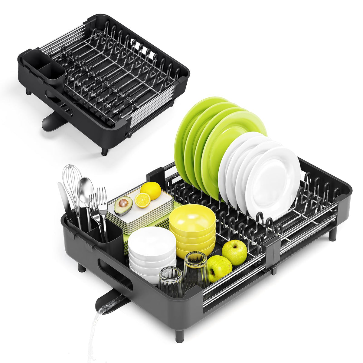 Urackify Extendable Dish Drying Rack, Dual Part Dish Drainers with Non-Scratch and Movable Cutlery Drainer and Drainage Spout, Adjustable Dish Rack for Kitchen,Black 🍁 All In One Marketplace Canada
