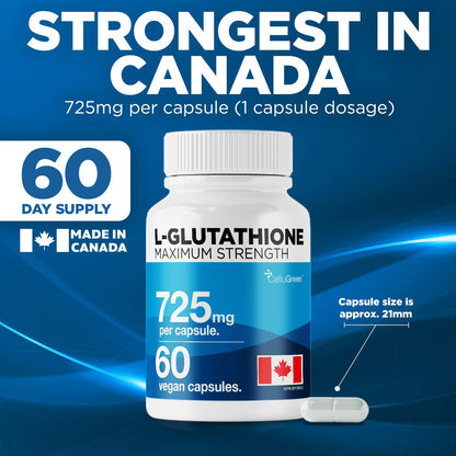CelluGreen 725mg L-Glutathione MOST POWERFUL AVAILABLE Antioxidant Support for Cellular Health, Liver Detox, Skin & Immune Health, Vegan, Made in Canada. 60 Capsules 🍁 All In One Marketplace Canada