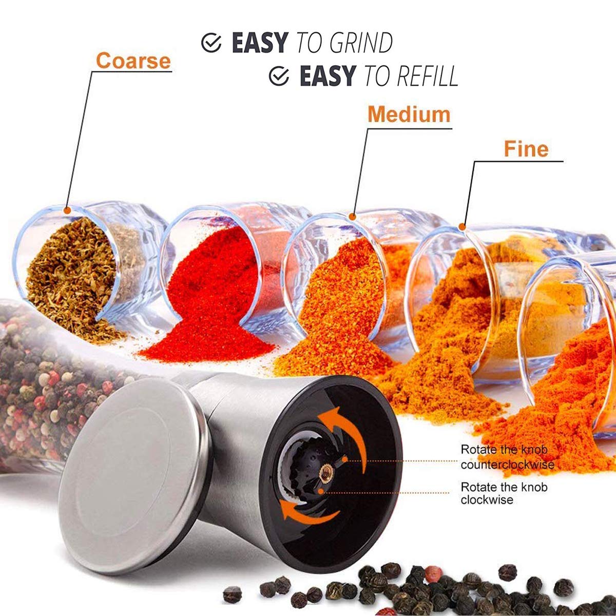 Pepper Grinder or Salt Grinder, Best Spice Mill with Ceramic Blades, Adjustable Coarseness, Brushed Stainless Steel Cap, and Refillable Tall Glass Body with 6OZ Capacity (7.5") 🍁 All In One Marketplace Canada