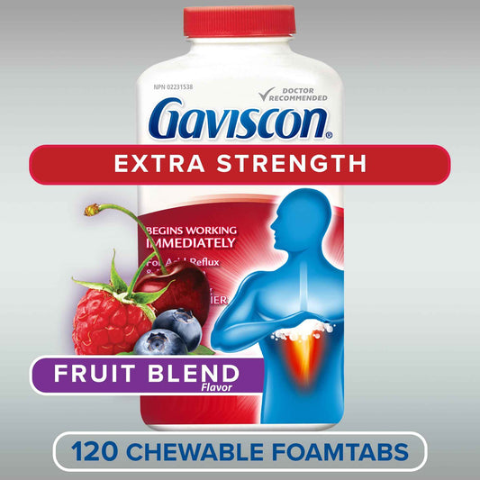 Gaviscon Extra Strength Tablets - 120 Count - Chewable Foaming Antacid Tablets for Day and Night Heartburn Relief, Acid Reflux and GERD Relief, Fruit Blend - Free of Aluminum, Lactose and Gluten 🍁 All In One Marketplace Canada