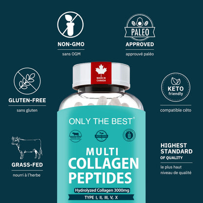Premium Multi Collagen Peptides Capsules 3000mg - Types I, II, III, V, X To Support Skin, Hair, Nails & Bones - Helps Maintain Strong Joints, Ligaments, Muscles, & Digestive Health* - Hydrolyzed Collagen Supplement 180 Capsules