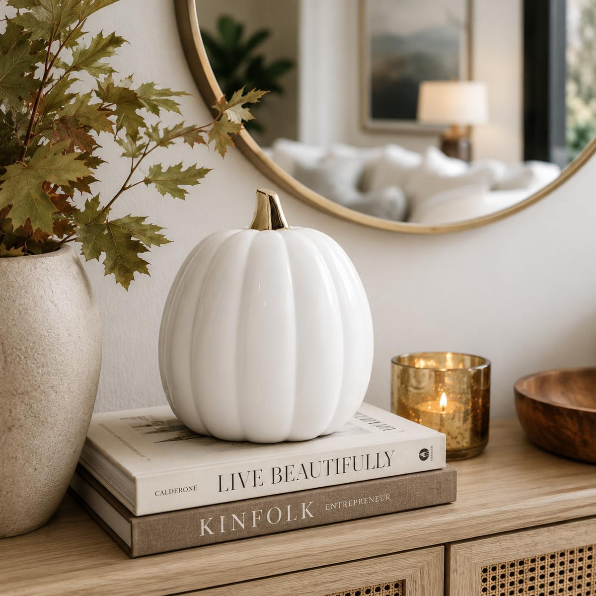 Pearhead White Ceramic Pumpkin, Home Fall Décor, Modern Holiday Home Decor, Trendy Halloween Decorations, White, Small