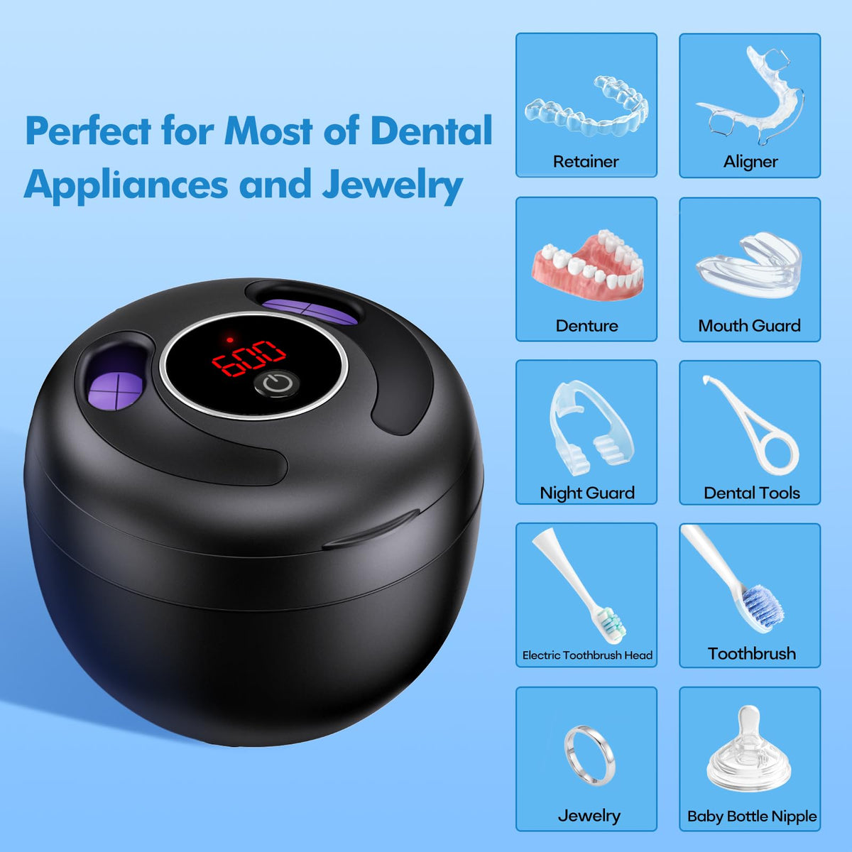Upgraded Ultrasonic Retainer Cleaner Machine, 45kHz Ultrasonic Dentures Cleaner for Night Guards, Braces, Aligner, Toothbrush, Jewelry and More, 200ML Capacity, Black1 🍁 All In One Marketplace Canada