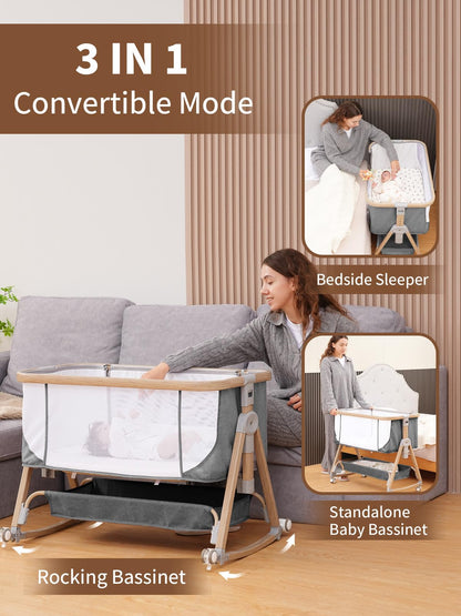 Baby Bassinet Bedside Sleeper - 3 in 1 Bassinets with Waterproof Sheets, Soft Mattress and Breathable Mesh, Adjustable Height Bedside Bassinet for Baby with Wheels, Storage Basket, Gray 🍁 All In One Marketplace Canada