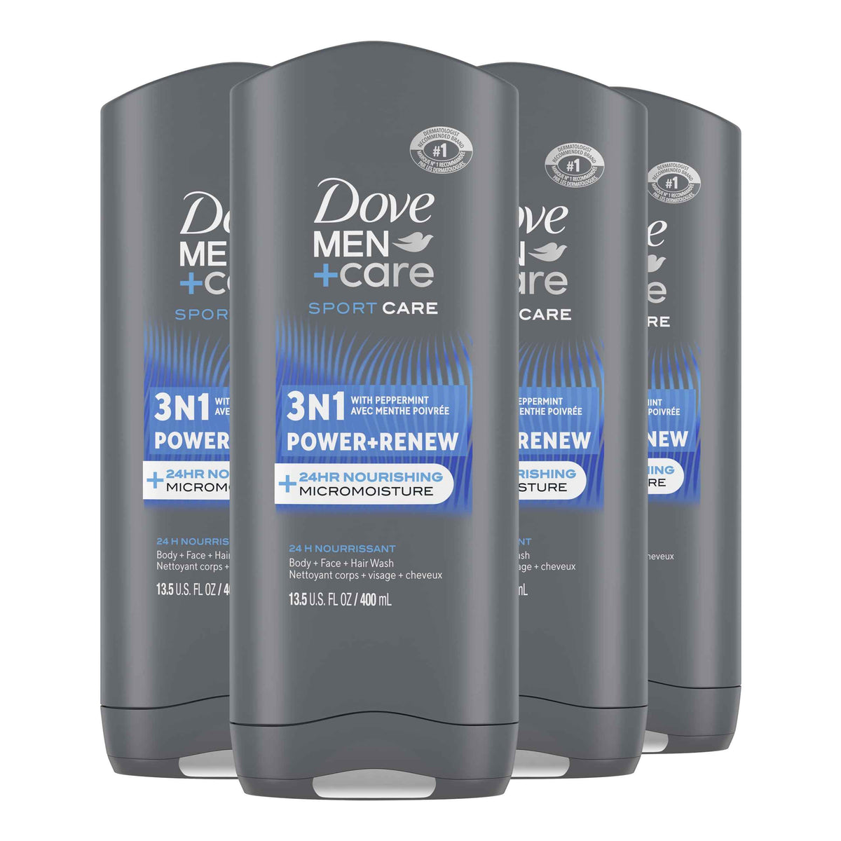 Dove Men+Care Refreshing Power + Renew 3N1 Body, Hair and Face Wash with 24-Hour Nourishing Micromoisture Technology Body Wash for Men 400 ml (Pack of 4) 🍁 All In One Marketplace Canada