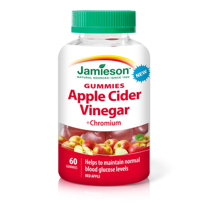 Jamieson Apple Cider Vinegar Gummy with Chromium, 60 Red Apple Flavoured Gummies. Helps Maintain Normal Blood Glucose Levels and Supports Metabolism. Vegetarian, No Artificial Colours or Flavours 🍁 All In One Marketplace Canada