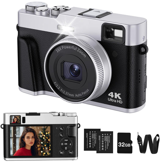 ToAuite 4K Digital Camera with Viewfinder, 48MP Autofocus Vlogging Camera for Photography and Video, Anti-Shake 16X Zoom Travel Portable Camera with Flash 32GB Card, Selfie YouTube Cameras with Dial 🍁 All In One Marketplace Canada