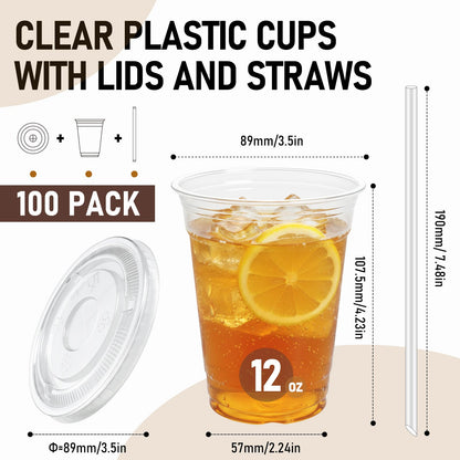 100 Pcs Clear Plastic Cups with Flat Lids and Straws, 12 oz Disposable PET Iced Coffee Cups - Ideal for Ice Coffee, Smoothie, Juice, Lemonade, Cold Beverages﻿ 🍁 All In One Marketplace Canada
