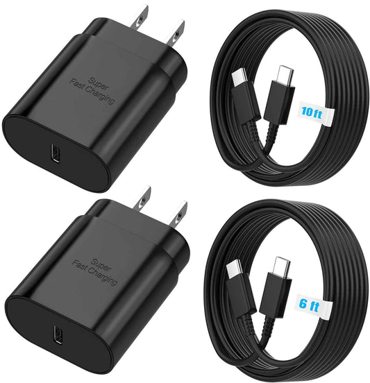 TT&C 25W Charger for Android, Super Fast Charging USB C Block & Type C Charge Cable Cord (6ft & 10ft) Compatible with Samsung Galaxy S26, S25, S24 Plus, S23, S22 & for iPhone 17/16/15- Black 2-Pack 🍁 All In One Marketplace Canada