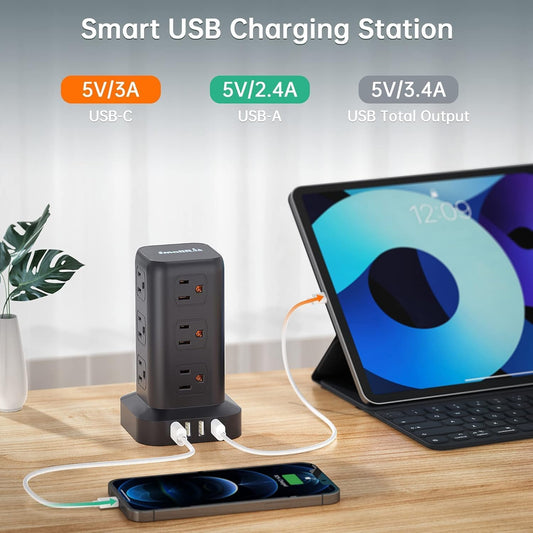 Tower Power Bar with USB, SMALLRT 6.5FT Flat Plug Extension Cord Indoor with Multiple Outlets, Desktop Power Strip with 12 Outlet Extender 4 USB for Home Office Dorm Essentials, Black 🍁 All In One Marketplace Canada