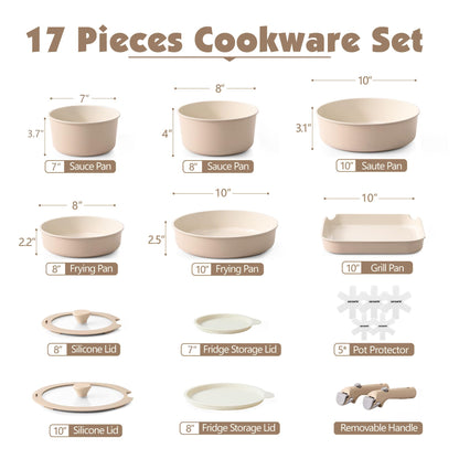 SENSARTE 17 Piece Ceramic Pots and Pans Set, Nonstick Detachable Handle Cookware, Induction Kitchen Cookware Set with Removable Handle, Dishwasher ＆ Oven Safe (Almond Beige) 🍁 All In One Marketplace Canada