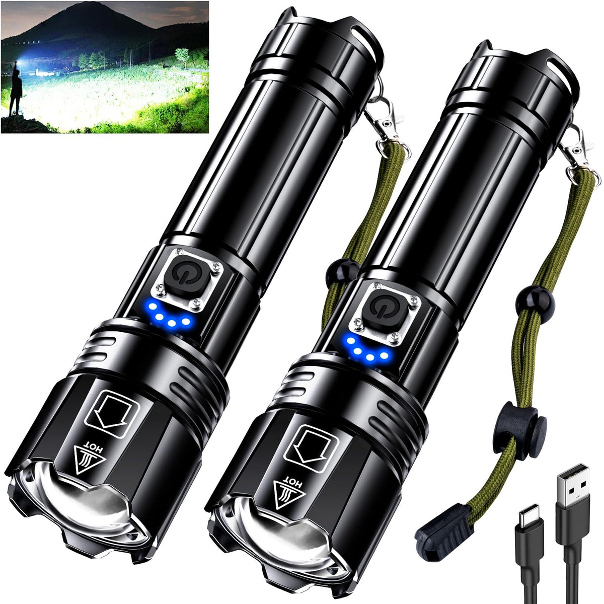 AKNEAR Rechargeable LED Flashlight High Lumens, Super Bright Flashlights with Zoomable & USB C Rechargeable & 5 Light Mode & IPX-7 Waterproof, Powerful Flash Light (2, Standard Display) 🍁 All In One Marketplace Canada
