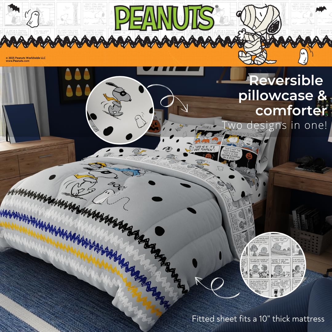 Peanuts Halloween Full Bed Set – Super Soft & Cozy 5 Piece Reversible Comforter and Sheet Set Featuring Snoopy & Charlie Brown, (Official Peanuts Product) by Franco