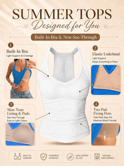 Danysu V Neck Cotton Tank Tops with Built-in Shelf Bra Sleeveless Racerback Fitted Basic Cami Shirts Black L 🍁 All In One Marketplace Canada