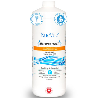 BioForce 1 Liter Hypochlorous Acid Spray Refill For Face & body - Acne-Prone Skin & Eczema, Piercing aftercare, Tattoo Aftercare, Made in Canada, All-in-One Gentle facial Cleanser & Toner, pH Balanced, Hypoallergenic & Non-comedogenic by NueVue (33.8 fl o