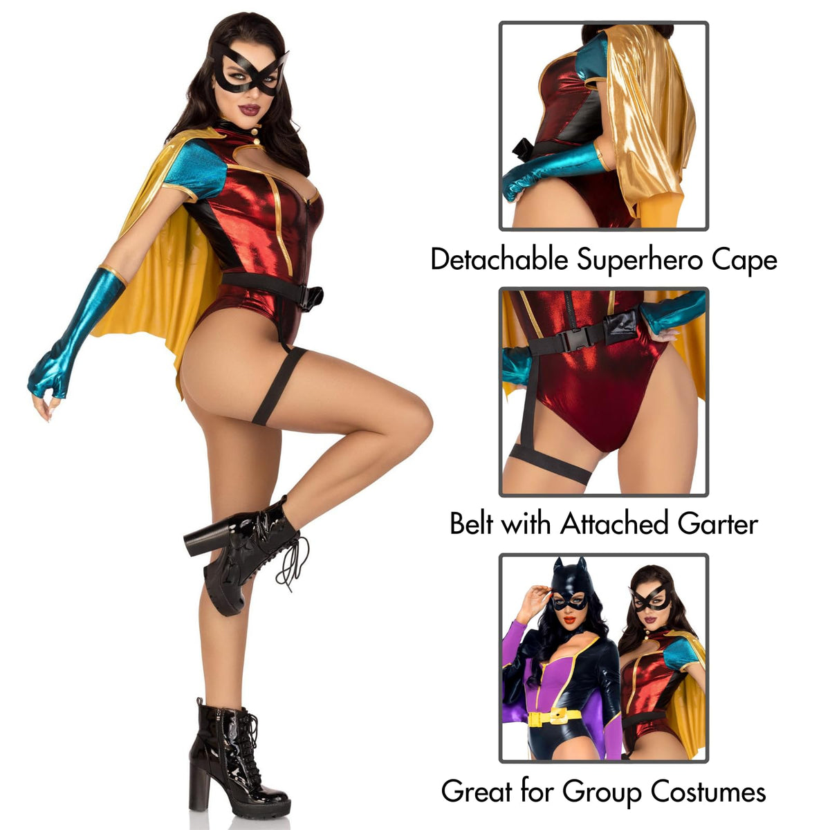 Leg Avenue Women’s 5 PC Sultry Sidekick Halloween Costume with Cape and Gloves, MEDIUM