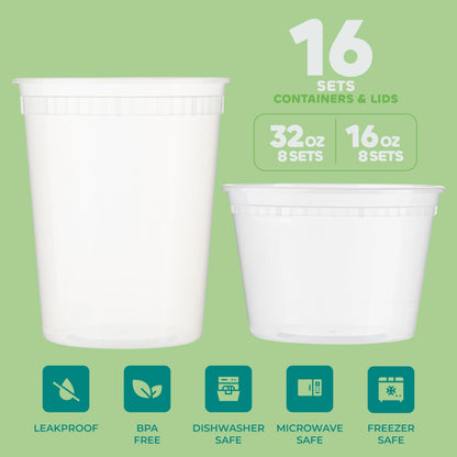 Deli Food Containers with Lids - (16 Sets) 8-32 Oz Quart Size & 8-16 Oz Pint Size Airtight Food Storage Takeout Meal Prep Containers, BPA-Free, Dishwasher, Microwave Safe 🍁 All In One Marketplace Canada