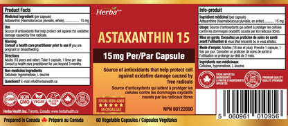 Herba Astaxanthin Supplement 15mg – 60 Vegan Capsules | Made with Non-GMO Micro-algae | Source of Antioxidant | Made and Third Party Tested in Canada 🍁 All In One Marketplace Canada