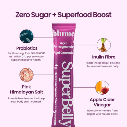Blume SuperBelly Gut Health + Hydration, Daily Sugar Free Probiotics, Inulin Fiber, and Hydrating Minerals Powder Packets for Digestion Support - Açai Pomegranate, 15 Sticks 🍁 All In One Marketplace Canada