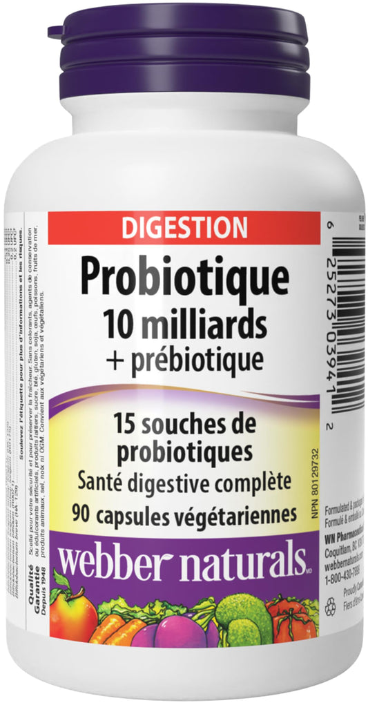 Webber Naturals Probiotic with Prebiotic, 10 Billion Active Cells, 15 Probiotic Strains, 90 Capsules, For Digestive Health, Vegan 🍁 All In One Marketplace Canada