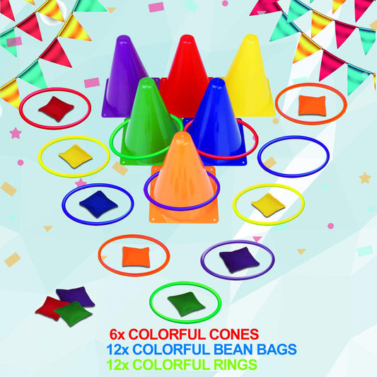 unanscre 31PCS 3 in 1 Carnival Outdoor Games Combo Set for Kids, Soft Plastic Cones Bean Bags Ring Toss Game, Gift for Birthday Party/Xmas 🍁 All In One Marketplace Canada