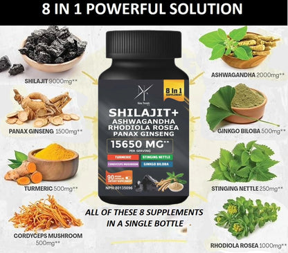 8-in-1 Shilajit Himalayan Organic Supplement with Shilajit 9000, Ashwagandha 2000MG, Rhodiola Rosea 1000MG, Panax Ginseng 1500MG, Cordyceps Mushroom 500MG, Gingko Biloba 500MG, Stinging Nettle 250MG, Turmeric (15,250 MG - 90 Caps)