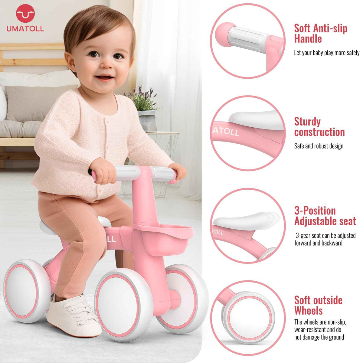 Umatoll Baby Balance Bike Toys for 1 Year Old Girls Gifts, Adjustable Seat Baby Walker, First Birthday Gifts, 12-24 Months Toddler Ride on Toys with Removable Basket, Pink 🍁 All In One Marketplace Canada