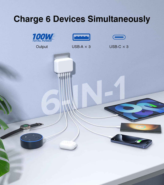 USB Charger Block, GaN 6 Port USB C Charging Station Hub Cube, 100W Multiport Type C Wall Charger Power Strip Plug with PD 3.0+QC for iPhone 17 16 15 14 13 12 1 Pro Max XR XS 8 7,Samsung S25/24, Table 🍁 All In One Marketplace Canada