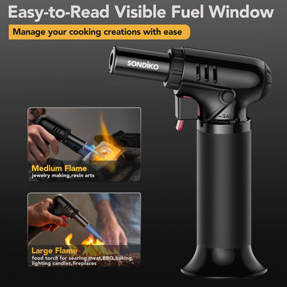 Sondiko Blow Torch with Fuel Gauge, Refillable Butane Torch Lighter with Safety Lock and Adjustable Flame, One-Handed Operation, Fit All Butane Tanks Kitchen Torch 🍁 All In One Marketplace Canada
