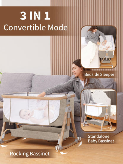 Baby Bassinet, Basinet Bedside Sleeper with Waterproof Bassinet Sheets and Soft Mattress, Safe Adjustable Height Bedside Bassinets with Wheels, Girl/Boy Bassinets, Jestonten (Khaki) 🍁 All In One Marketplace Canada