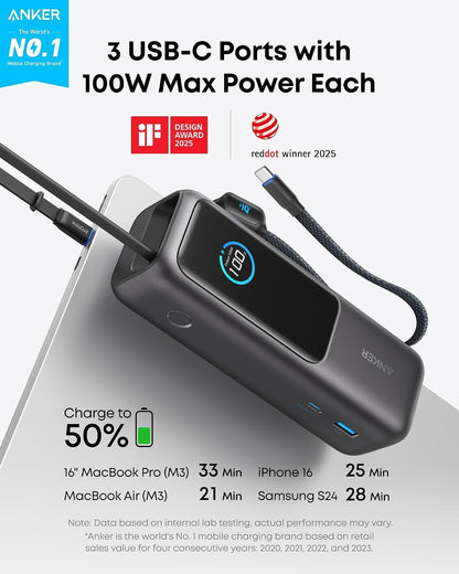 Anker Laptop Power Bank, 25,000mAh Portable Charger with Triple 100W USB-C Ports, Built-in Retractable Cables, Flight-Approved for Travel, iPhone 17/16 Series, MacBook, Samsung, and More 🍁 All In One Marketplace Canada