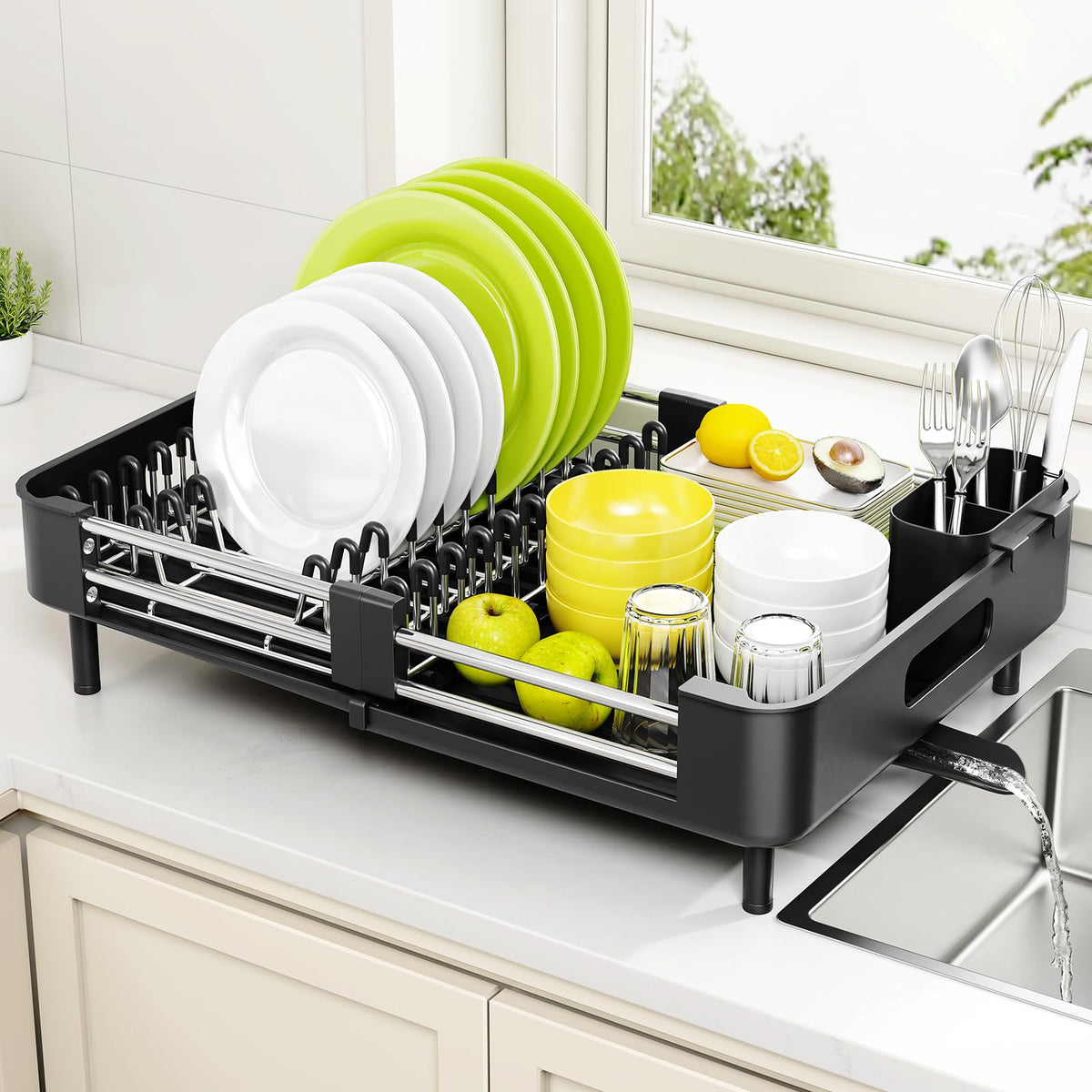 Urackify Extendable Dish Drying Rack, Dual Part Dish Drainers with Non-Scratch and Movable Cutlery Drainer and Drainage Spout, Adjustable Dish Rack for Kitchen,Black 🍁 All In One Marketplace Canada
