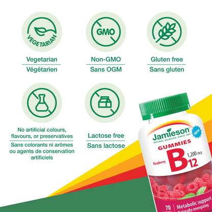 Jamieson Vitamin B12 1,200 mcg Gummies Natural Raspberry Flavour, Naturally Energizing, and Supports Metabolism. Vegetarian, Non-GMO, Gluten-Free, No Artificial Flavours, Colours, or Preservatives, 70 Count, Proudly Canadian