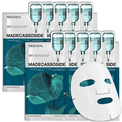 MEDIHEAL Madecassoside Essential Face Mask - Korean Skincare, Blemish Repair with Hyaluronic Acid, Moisture Barrier & Skin Texture Care for Women, Vegan Formula (10 Sheets) 🍁 All In One Marketplace Canada