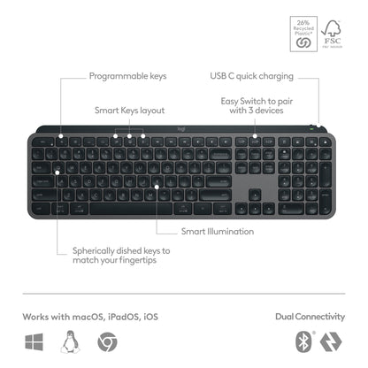 Logitech MX Keys S Wireless Keyboard, Low Profile, Fluid Precise Quiet Typing, Programmable Keys, Backlighting, Bluetooth, USB C Rechargeable, for Windows PC, Linux, Chrome, Mac - Graphite 🍁 All In One Marketplace Canada