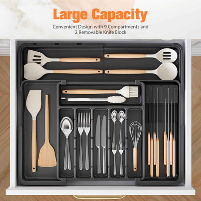 Ceecysaa Cutlery Organizer with 2 Removable Knife Blocks, Expandable Utensil Tray,Adjustable Cutlery Tray Drawer Organizer for Spoons, Knives, Kitchen Organizers and Storage,ABS,Black(6-9 Slots) 🍁 All In One Marketplace Canada
