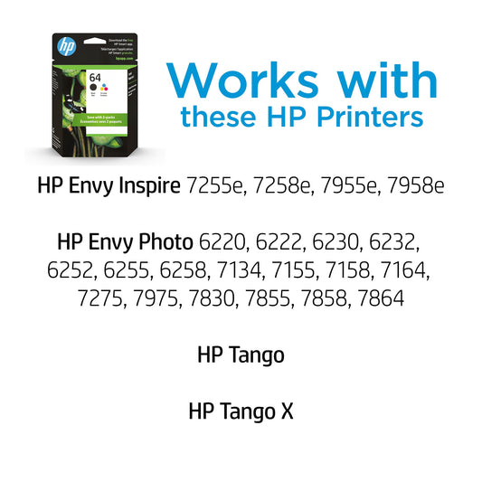 Original HP 64 Black/Tri-Color Ink Cartridges (2-Pack) | Works with HP Envy Photo 6200, 7100, 7800 Series | Eligible for Instant Ink | X4D92AN 🍁 All In One Marketplace Canada