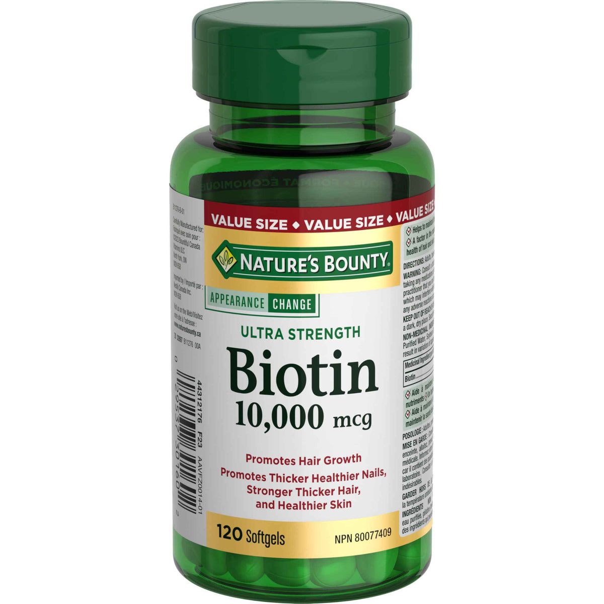 NATURE'S BOUNTY Biotin, Ultra Strength, 10,000 mcg, Promotes Hair Growth, Thicker Healthier Nails, Stronger Thicker Hair & Healthier Skin, Helps Metabolize Nutrients, Softgels, 55.4 g 🍁 All In One Marketplace Canada