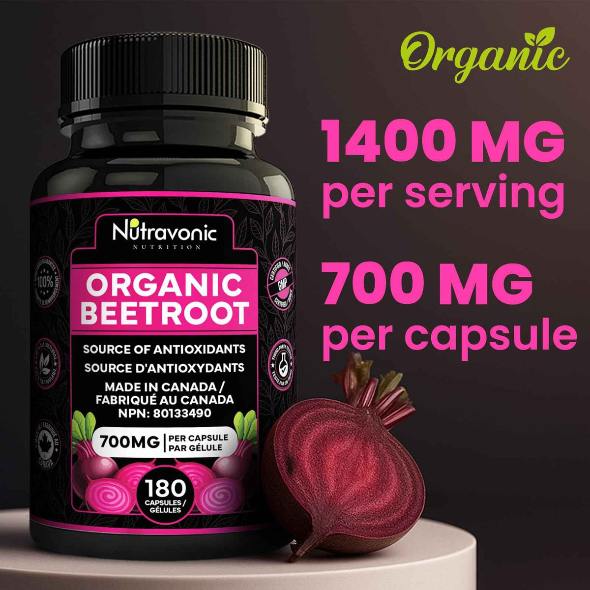 *BONUS SIZE* 180 Capsules of High Potency Organic Beetroot Capsules | 1,400mg per serving (700mg per capsule x2) Canadian Made Beet Root Powder | Antioxidant Support | Support Active Energy Lifestyle | A Natural Super Food | Quality Assured
